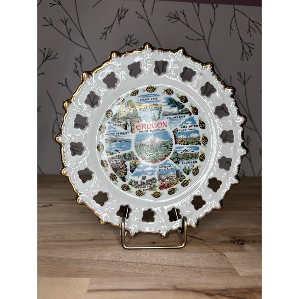 VTG Oregon Pacific Wonderland State Souvenir Decoration Plate Gold Trim